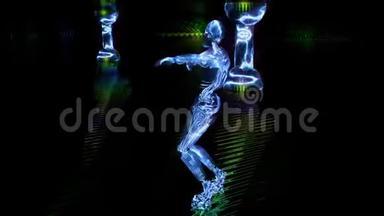 美丽的网络女孩在蓝色霓虹灯<strong>夜店</strong>跳舞和移动。 可循环使用。